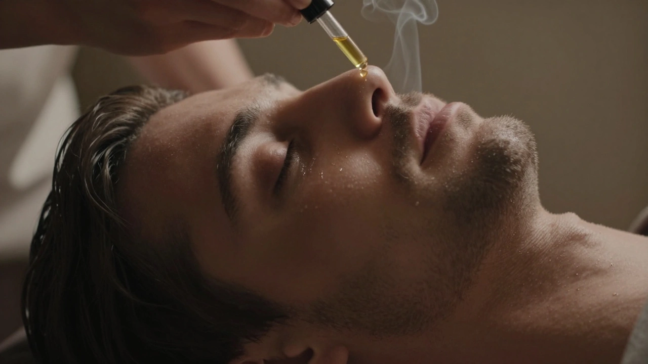 Close-up of a man's tearful, relaxed face during aromatherapy massage with oil droplet on skin.
