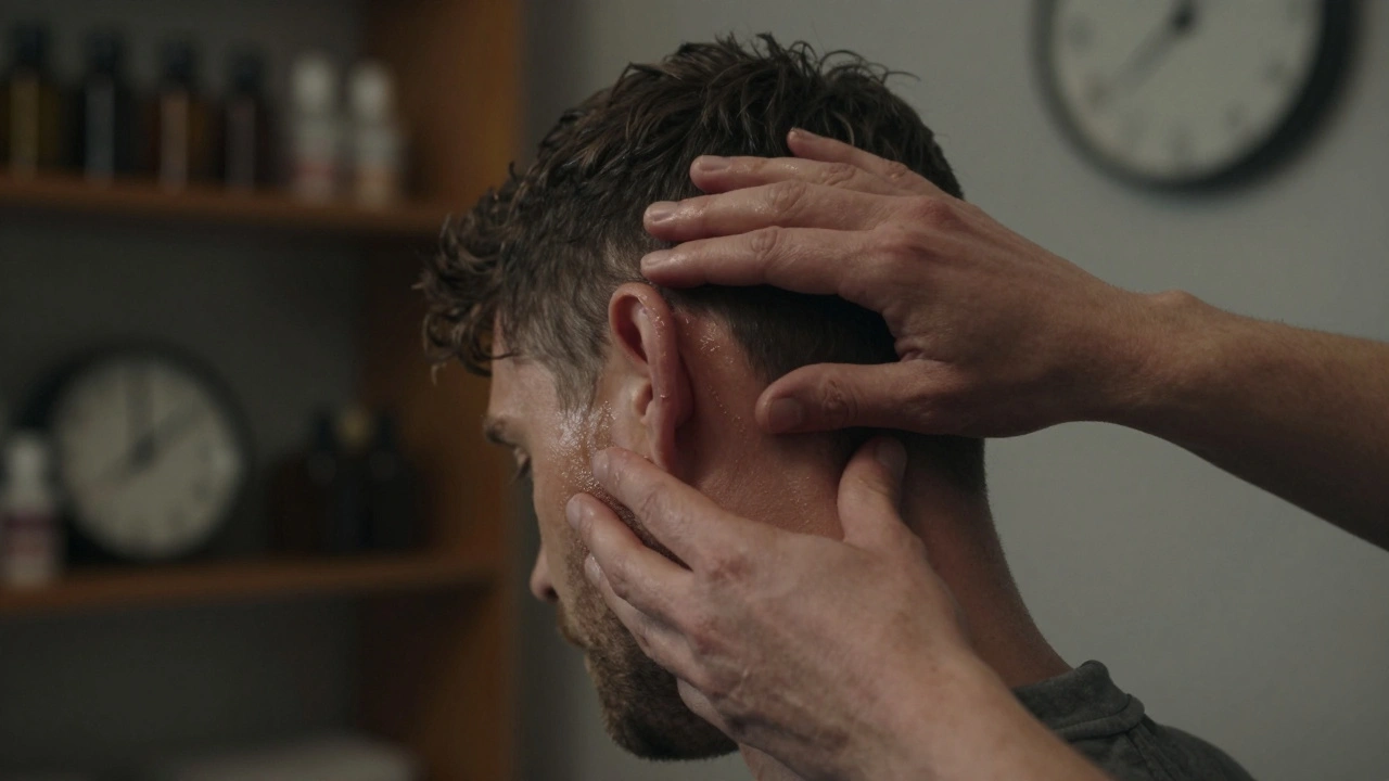 Close-up of a therapist&#039;s hands applying deep pressure to a man&#039;s temples and neck during an Indian head massage.