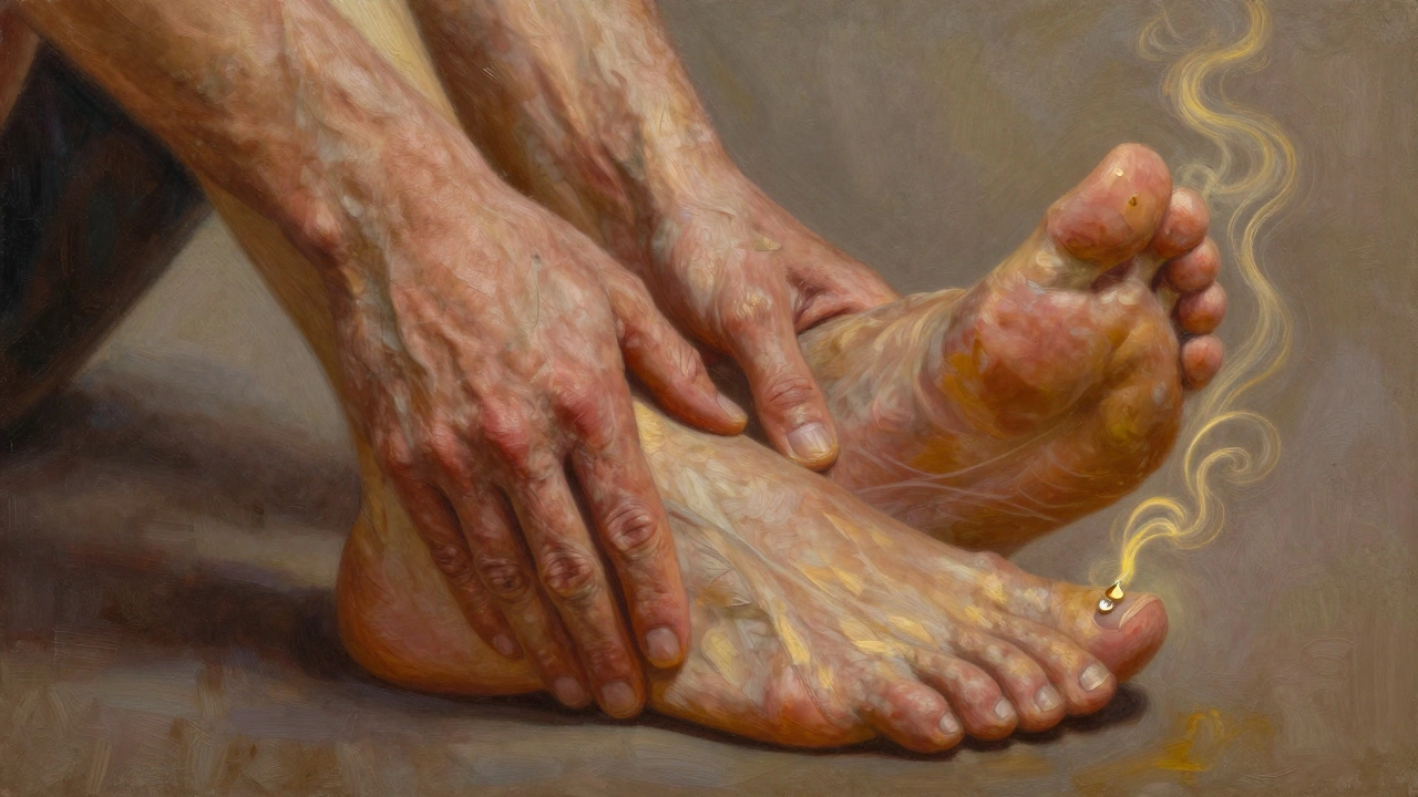 Close-up of male feet being massaged, golden light highlighting tension release, a single oil drop glistening on the sole.