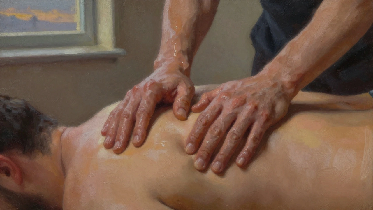 Close-up of skilled hands working deeply into tense muscle tissue under soft, warm lighting.