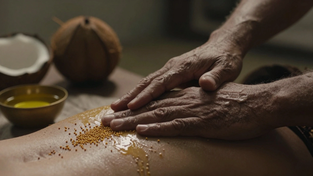 Close-up of strong hands working with oil on a spine, surrounded by traditional Ayurvedic elements.