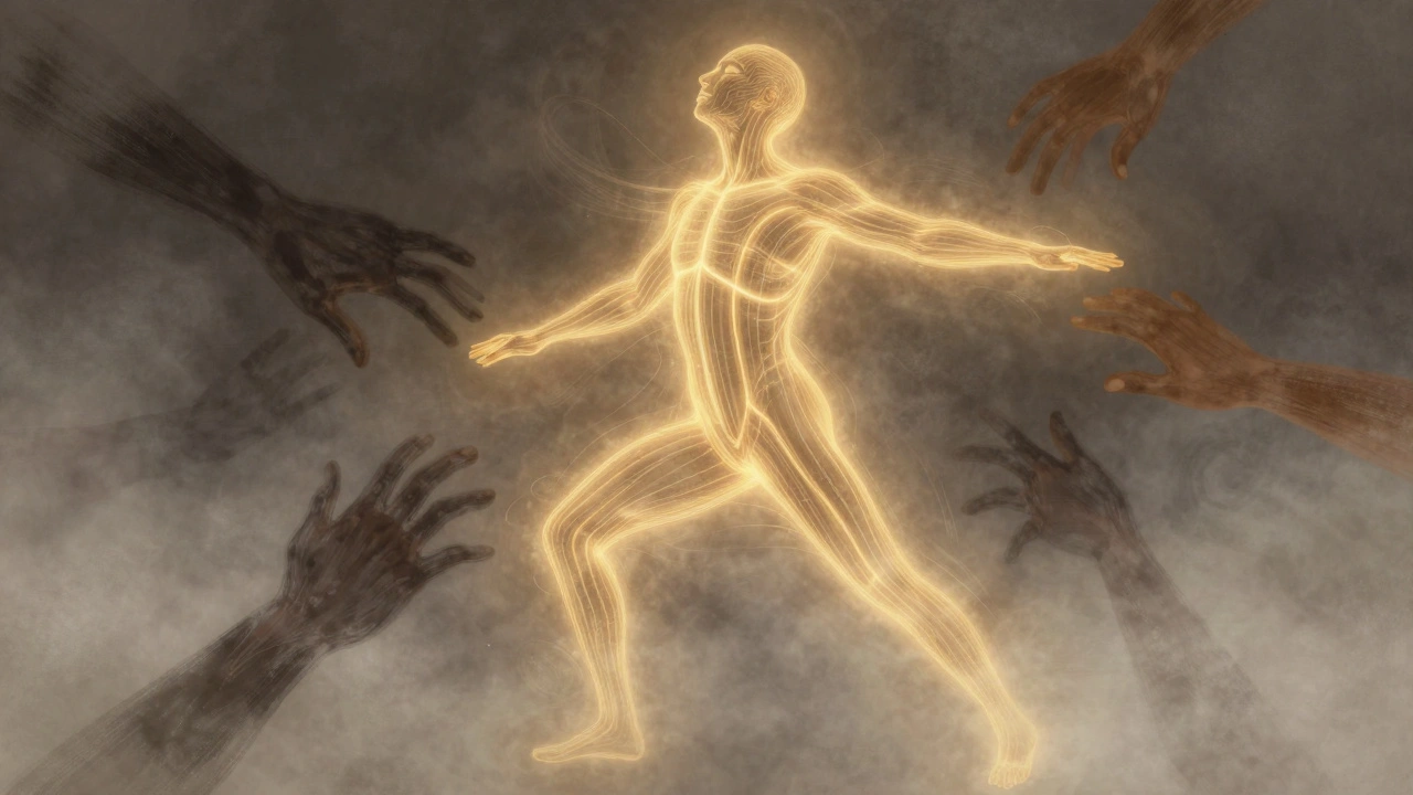 Conceptual image of golden energy lines flowing through a human body as hands realign tension into release.