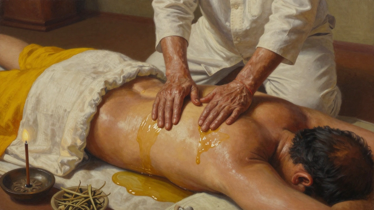 Elderly Indian therapist performing traditional kati basti oil treatment on a client&#039;s lower back.