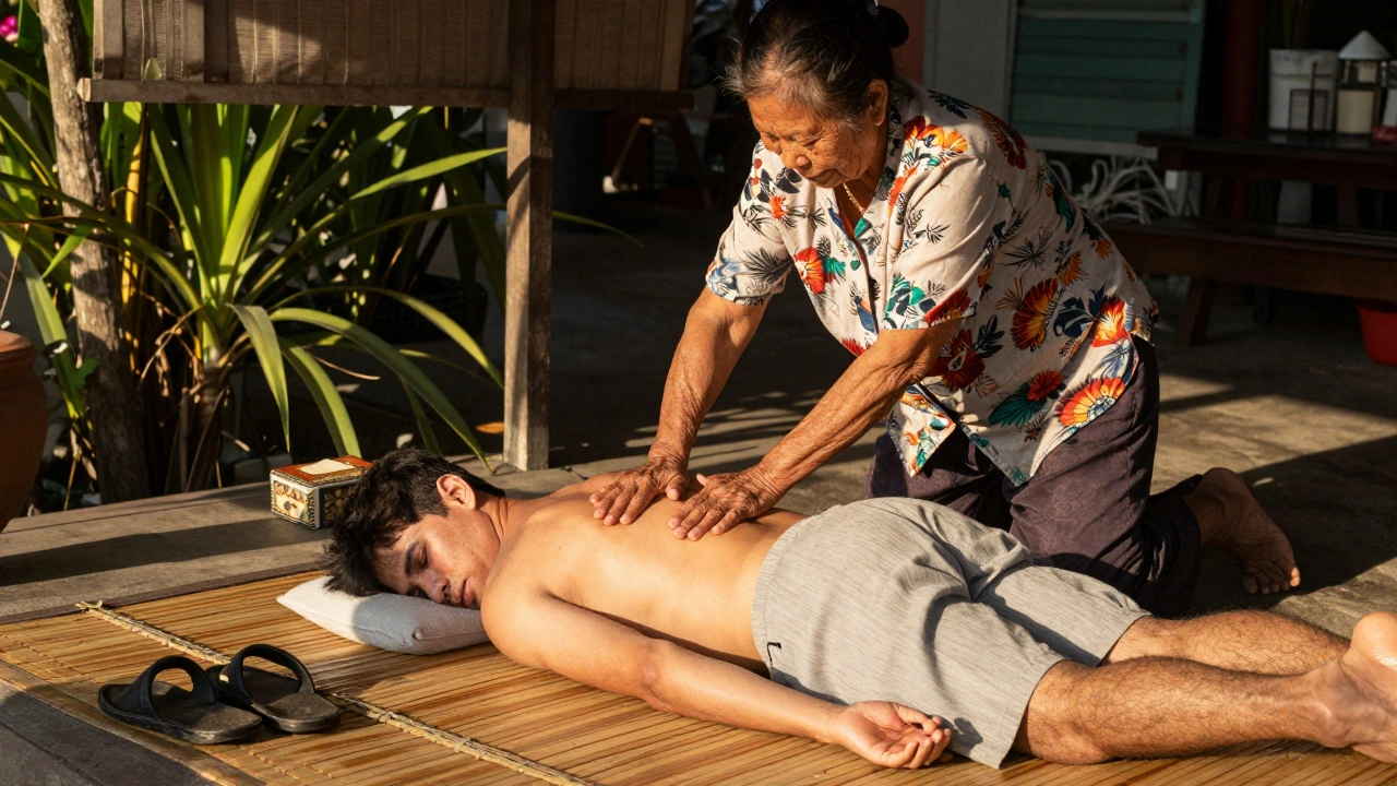 Elderly Thai woman giving a massage on a bamboo mat under a shaded awning on a beach in Koh Samui.