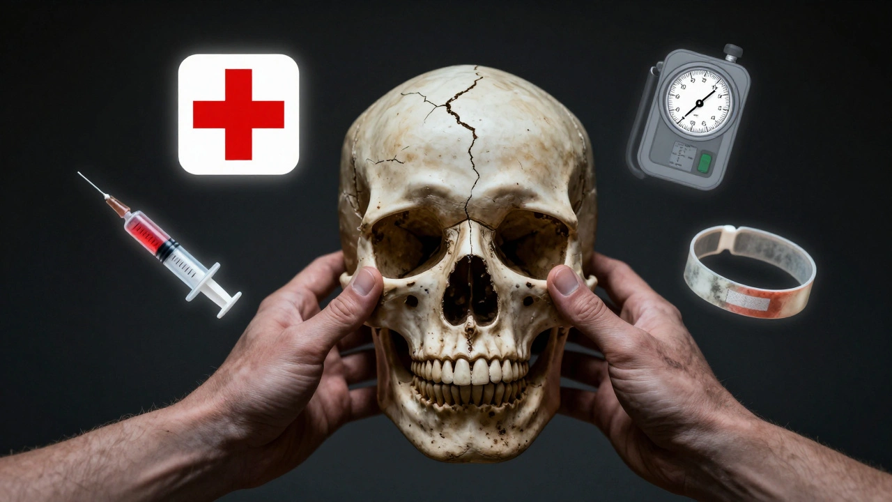 Fractured skull touched by two hands, surrounded by medical warning icons representing contraindications to Indian head massage.