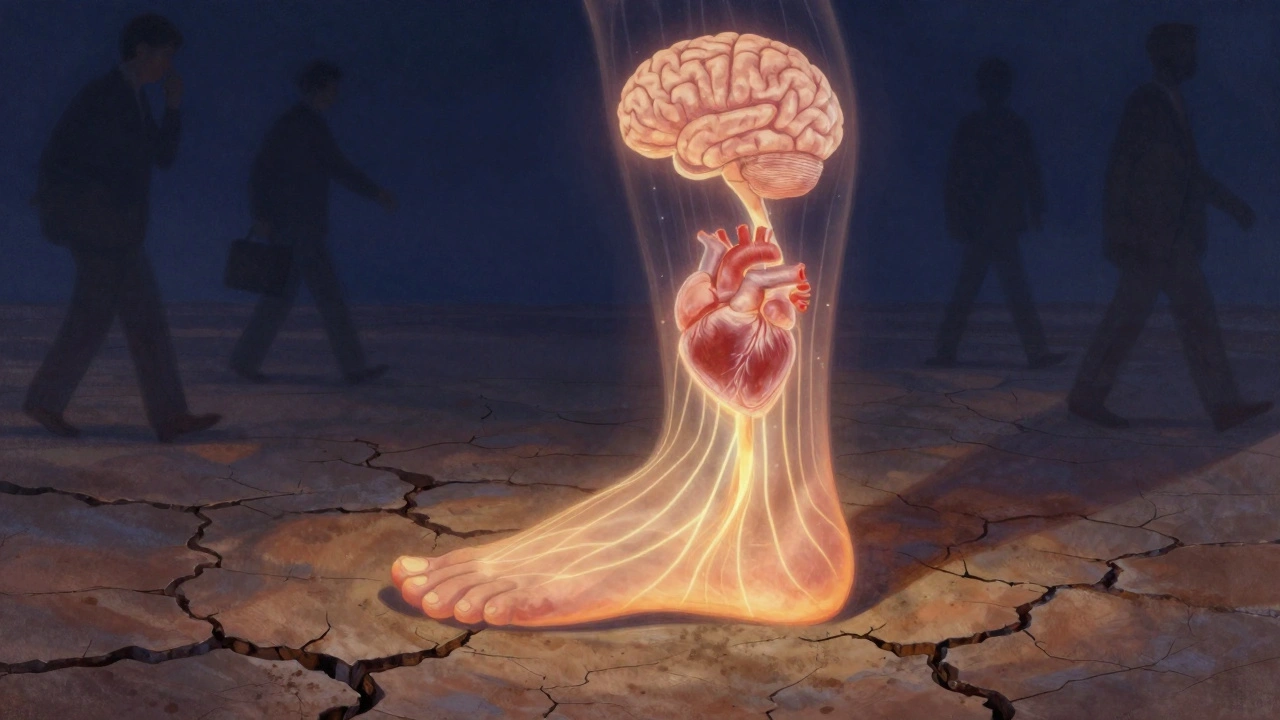 Glowing foot with energy pathways connecting to body and mind, symbolizing stress relief through reflexology.