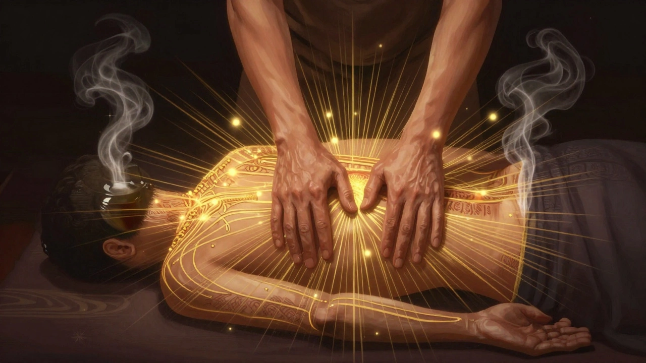 Golden energy lines glowing along the body as pressure is applied during a Thai massage session.