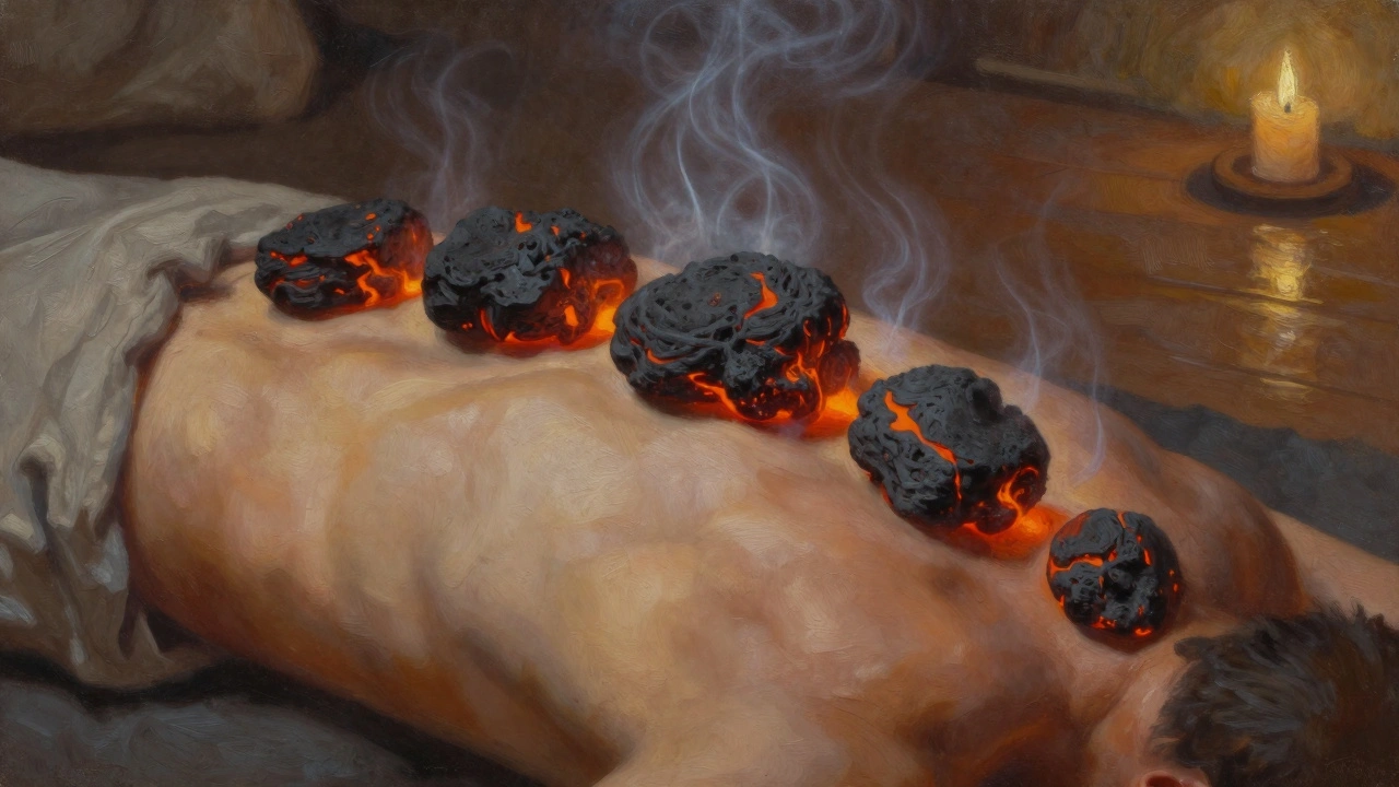 Heated stones gliding over a muscular back with subtle heat waves and candlelight reflections.