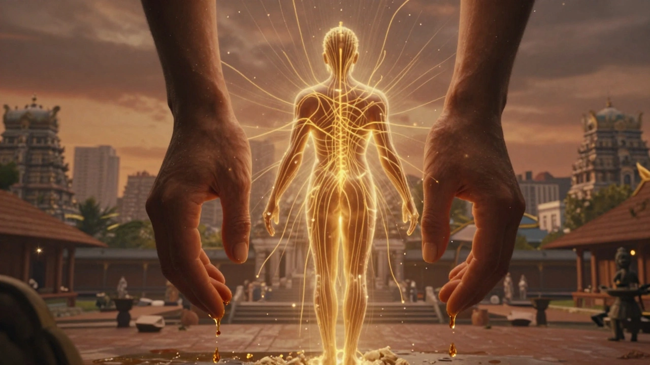 Human figure dissolving into golden energy lines as hands press deeply, blending city and temple imagery.