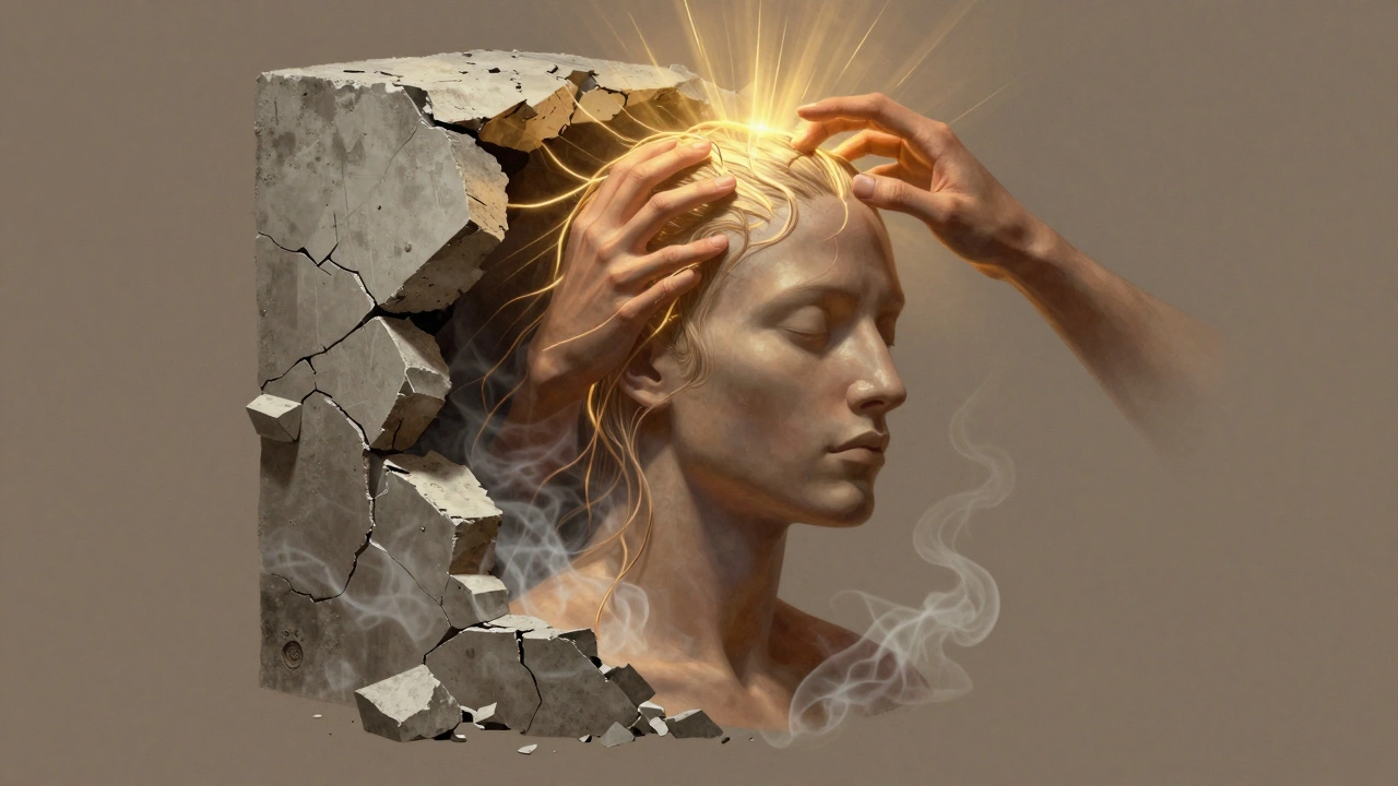 Human head breaking free from cement block as golden light escapes from scalp under finger pressure.