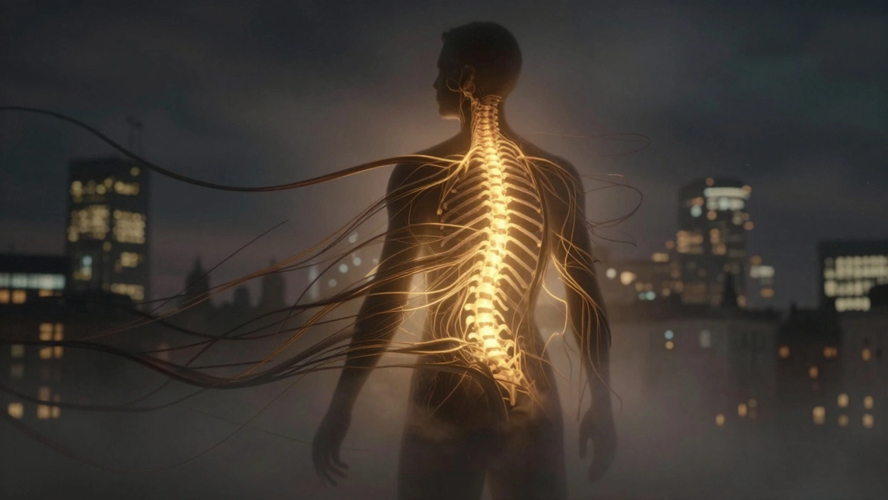 Human silhouette releasing tension as golden light pulses through the spine, symbolizing stress relief.