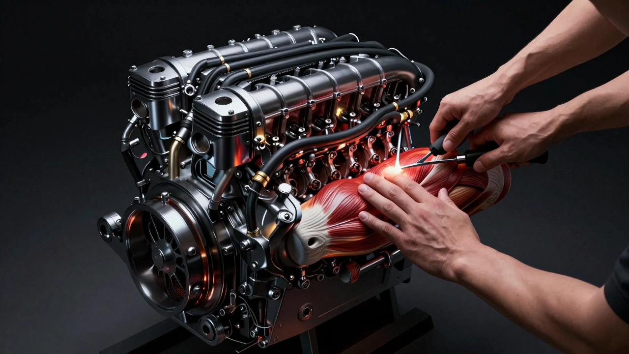 Human torso as race car engine with therapist's hands repairing muscle systems, symbolic restoration