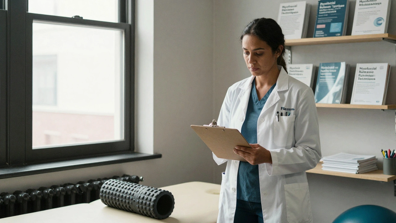 Licensed therapist in a Soho physio clinic holding a foam roller, surrounded by clinical resources.