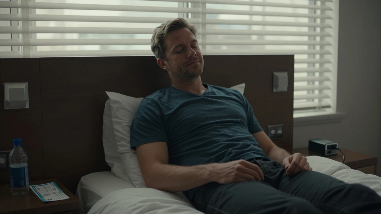 Man at peace on a hotel bed after lymphatic session, morning light, quiet relief in his expression.