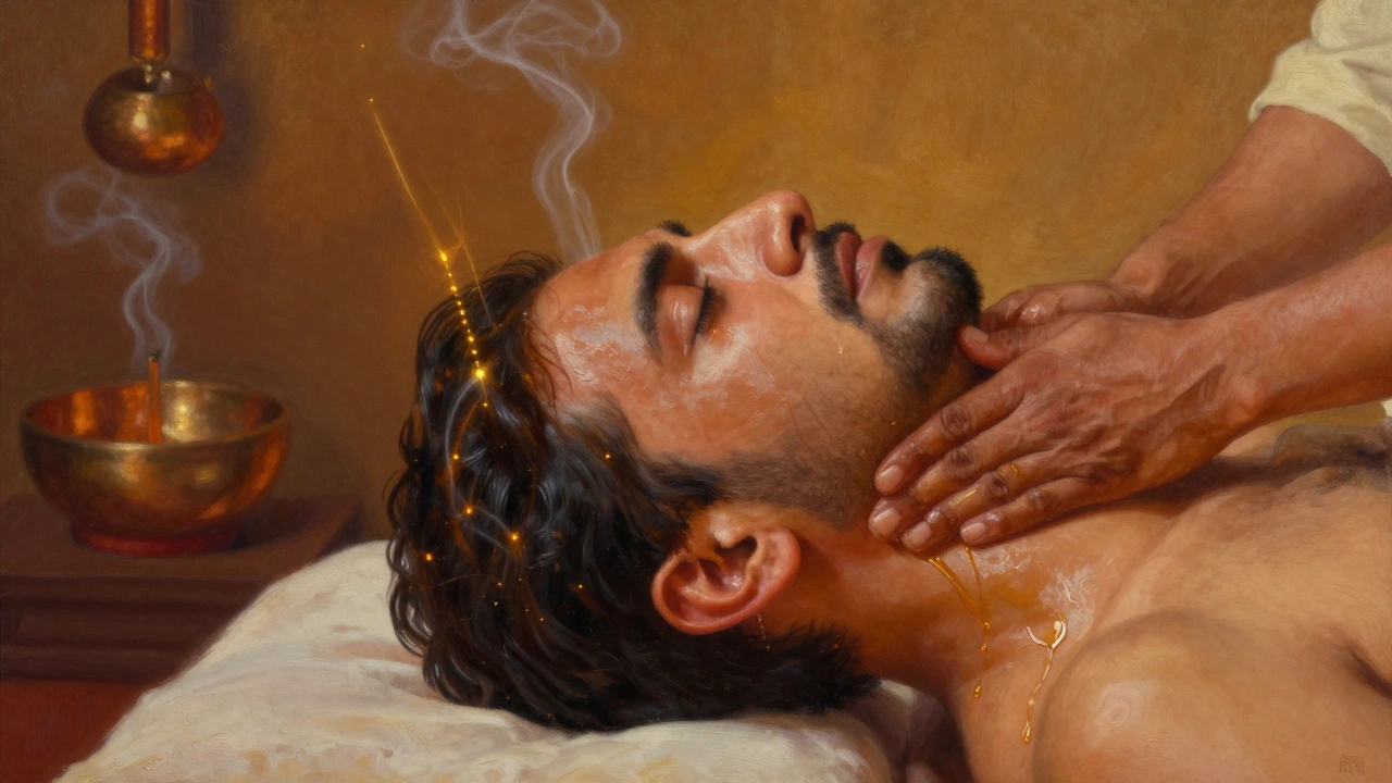 Man experiencing emotional release during a head massage, oil dripping down his neck as therapist works on his scalp and ears.