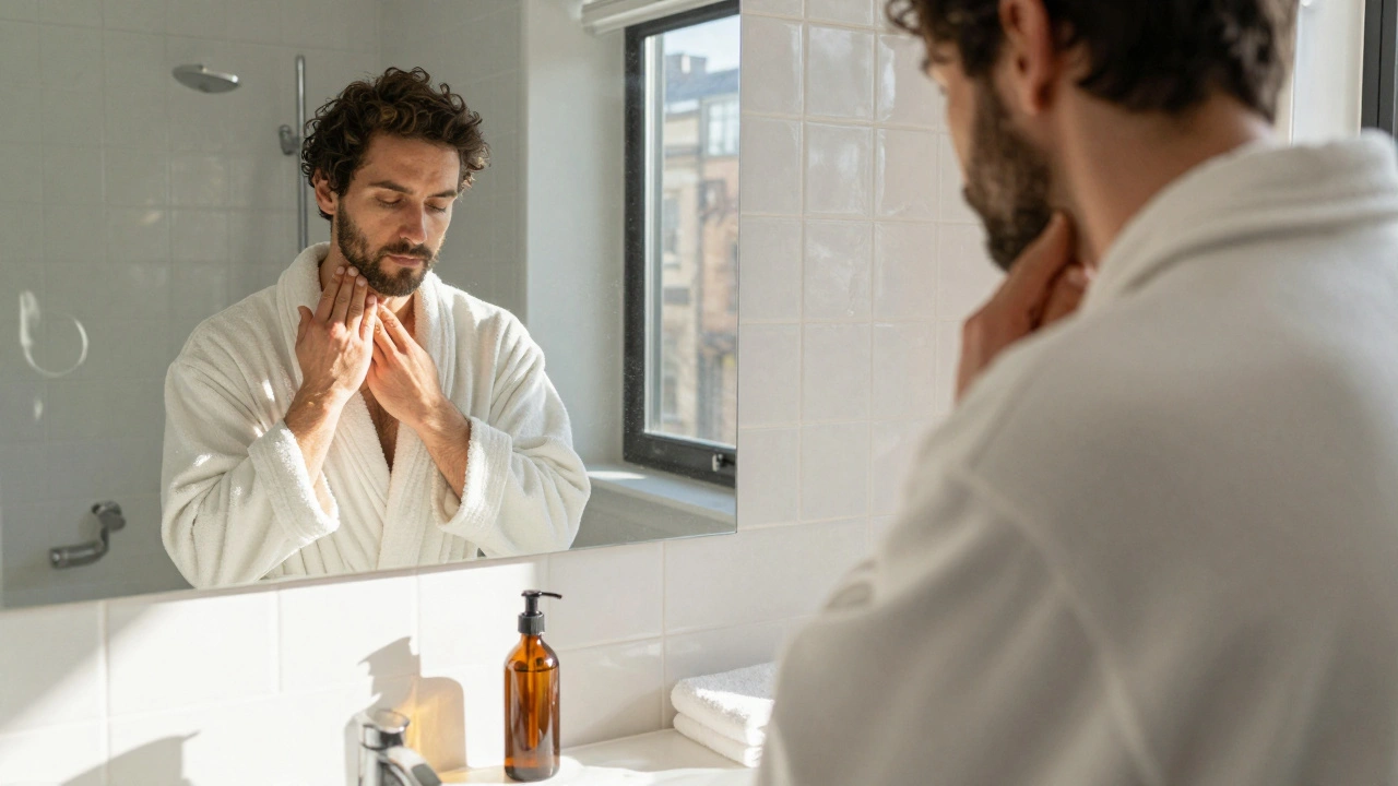 Man performing self-lymphatic massage at home in morning light