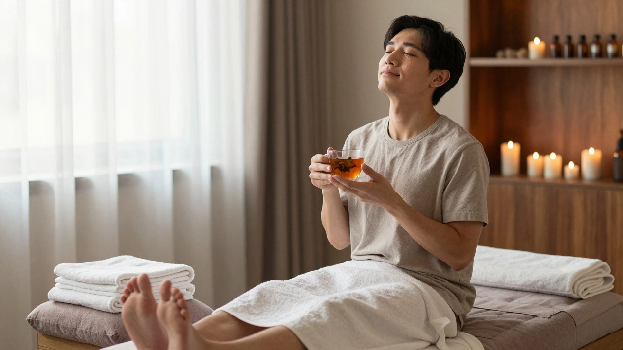 Man sitting quietly after massage, tear on cheek, holding tea, soft morning light filtering through curtains.