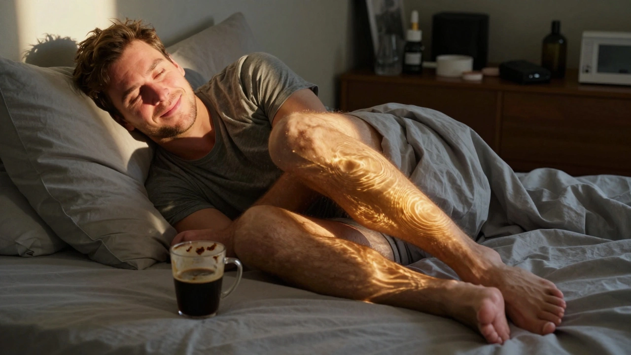 Man waking up refreshed, no longer swollen, sunlight illuminating his peaceful face