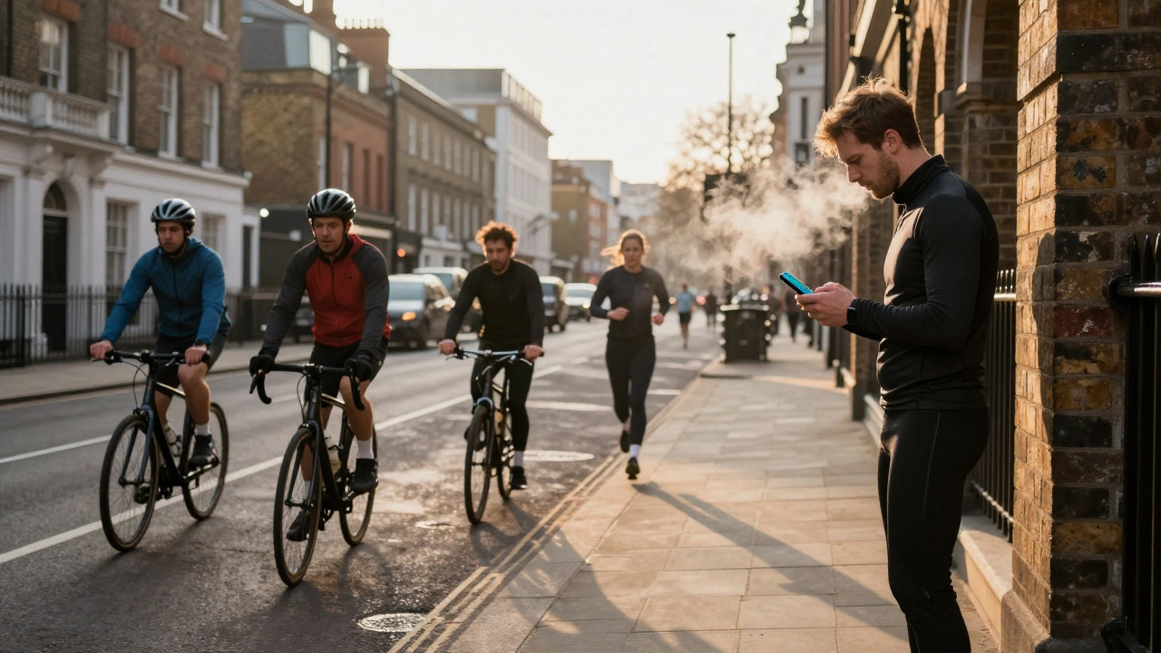 Runners and cyclists training at dawn in London streets, early morning light, athletic gear