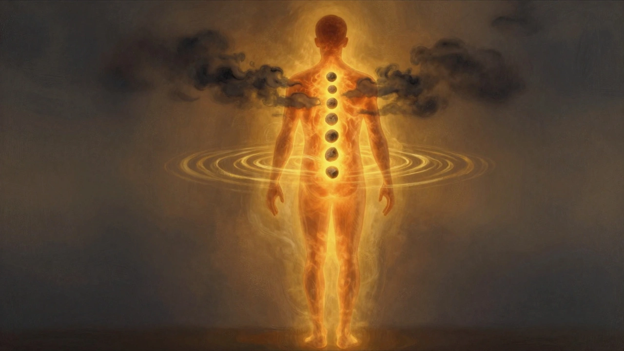 Silhouette of a man surrounded by golden heat waves radiating from stones along his spine, dissolving dark tension.