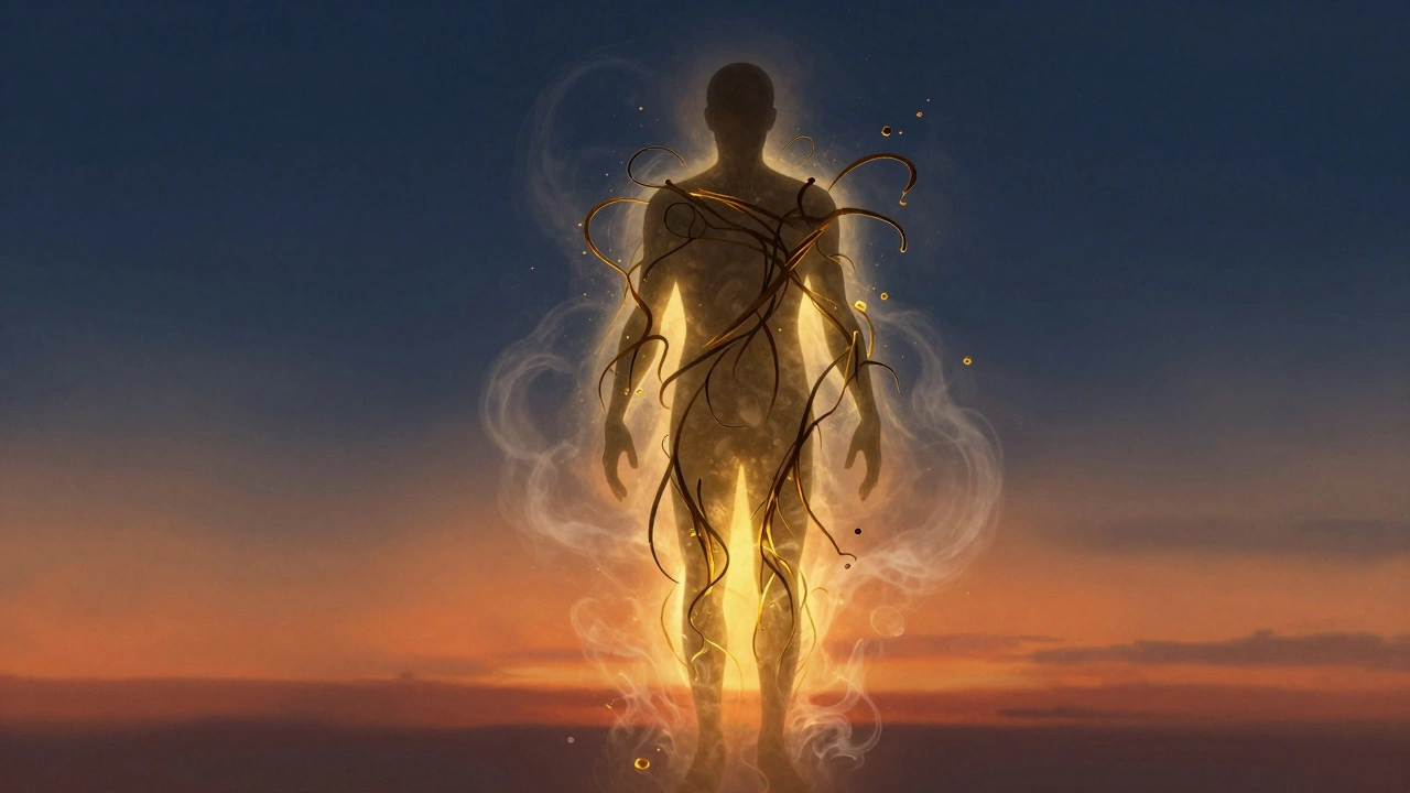 Silhouette releasing dark tension lines as golden light surrounds body, symbolizing emotional release and renewal.