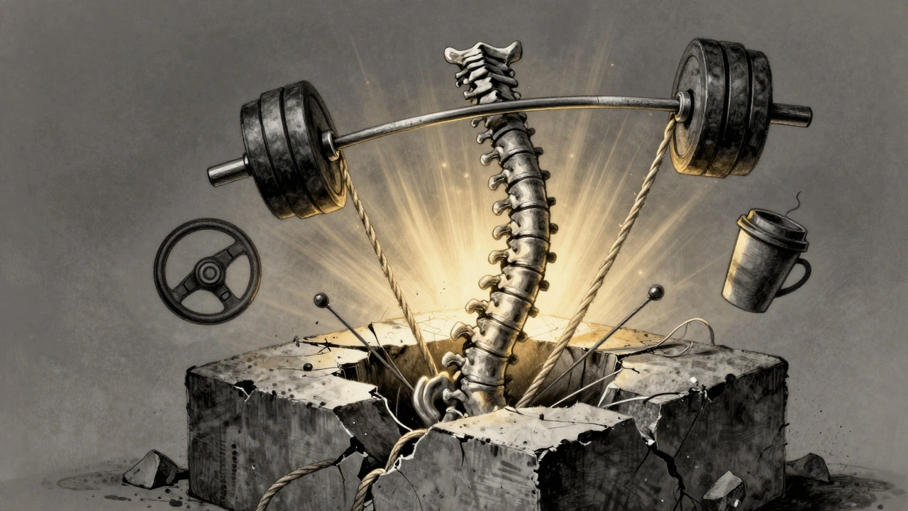 Spine emerging from cracked concrete, tangled tensions unraveling into light, symbolizing release.