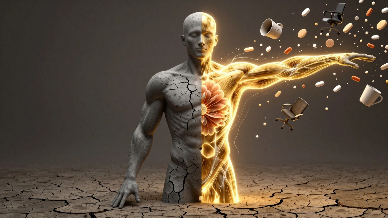 Split silhouette showing one side of body as stiff and cracked, the other as glowing and fluid, symbolizing physical rebirth.