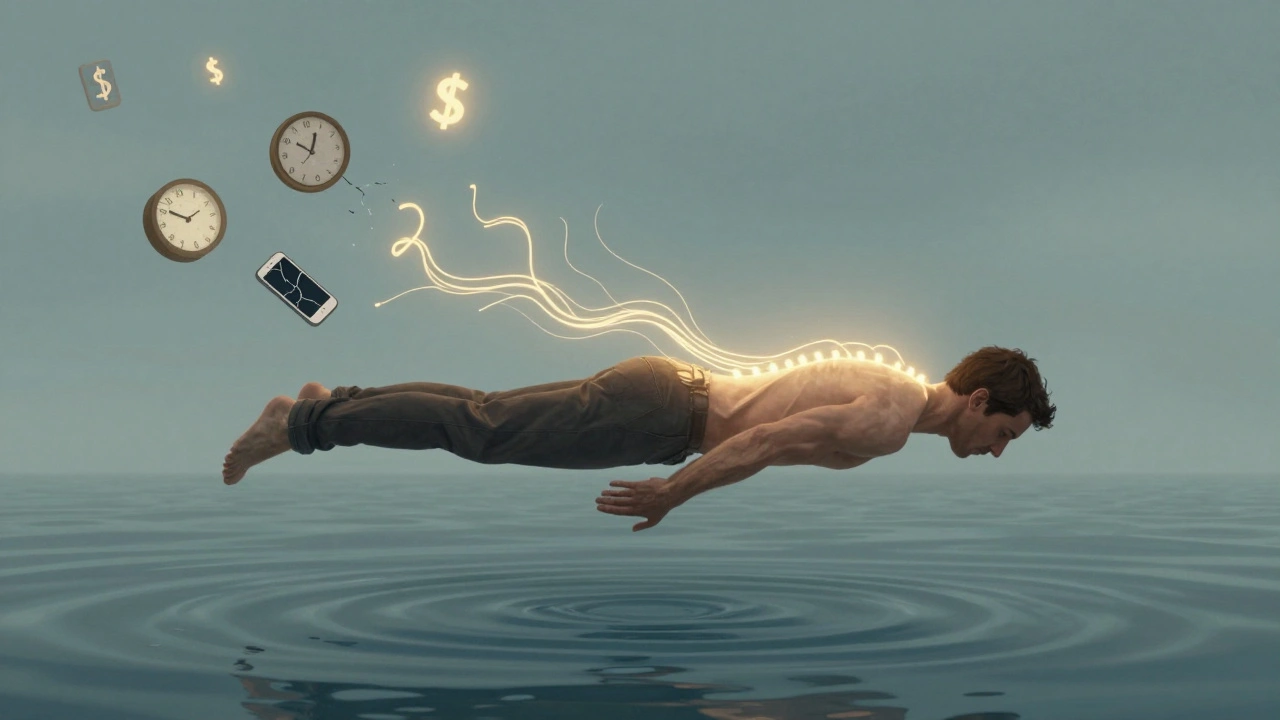 Surreal image of a man dissolving into golden light threads, symbolizing release from stress and inner calm.