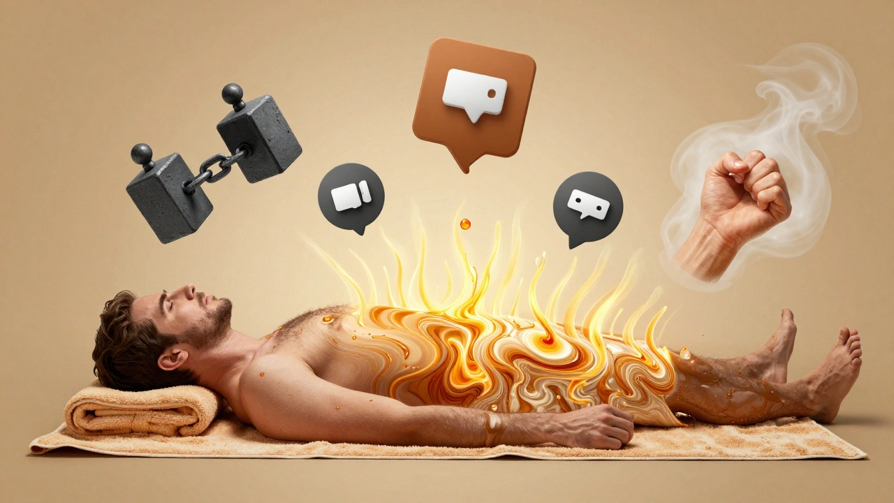 Surreal image of stress melting from a man&#039;s body into golden waves of oil and calm.