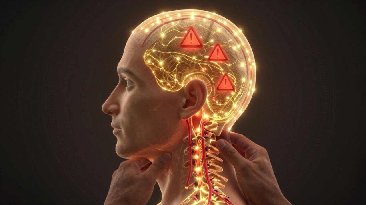Surreal internal view of head with glowing pressure points and red warning symbols over vulnerable areas during massage.