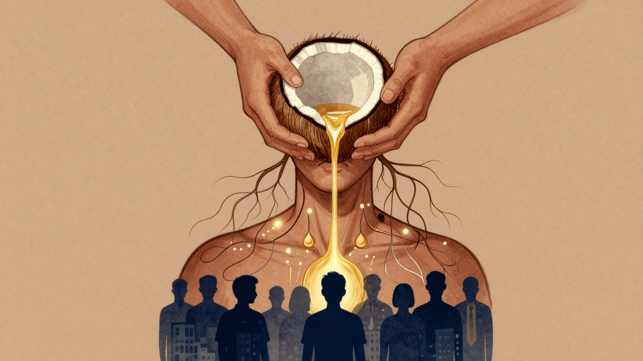 Symbolic illustration of a head as a coconut being opened by hands, with energy flowing through pressure points to release tension.