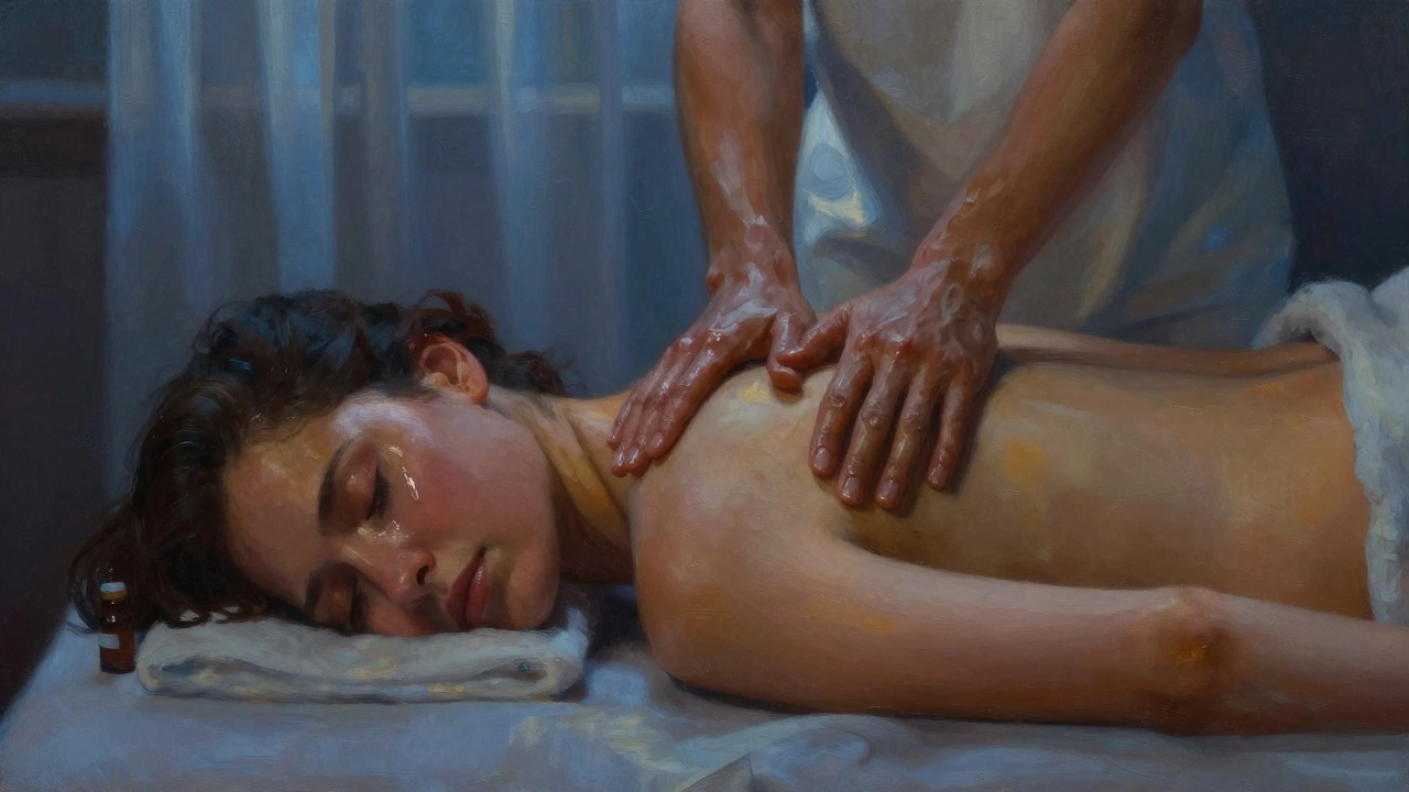 Tears on a couple&#039;s faces as they relax during a massage, bathed in soft light, their connected hands and peaceful expressions conveying deep emotional release.