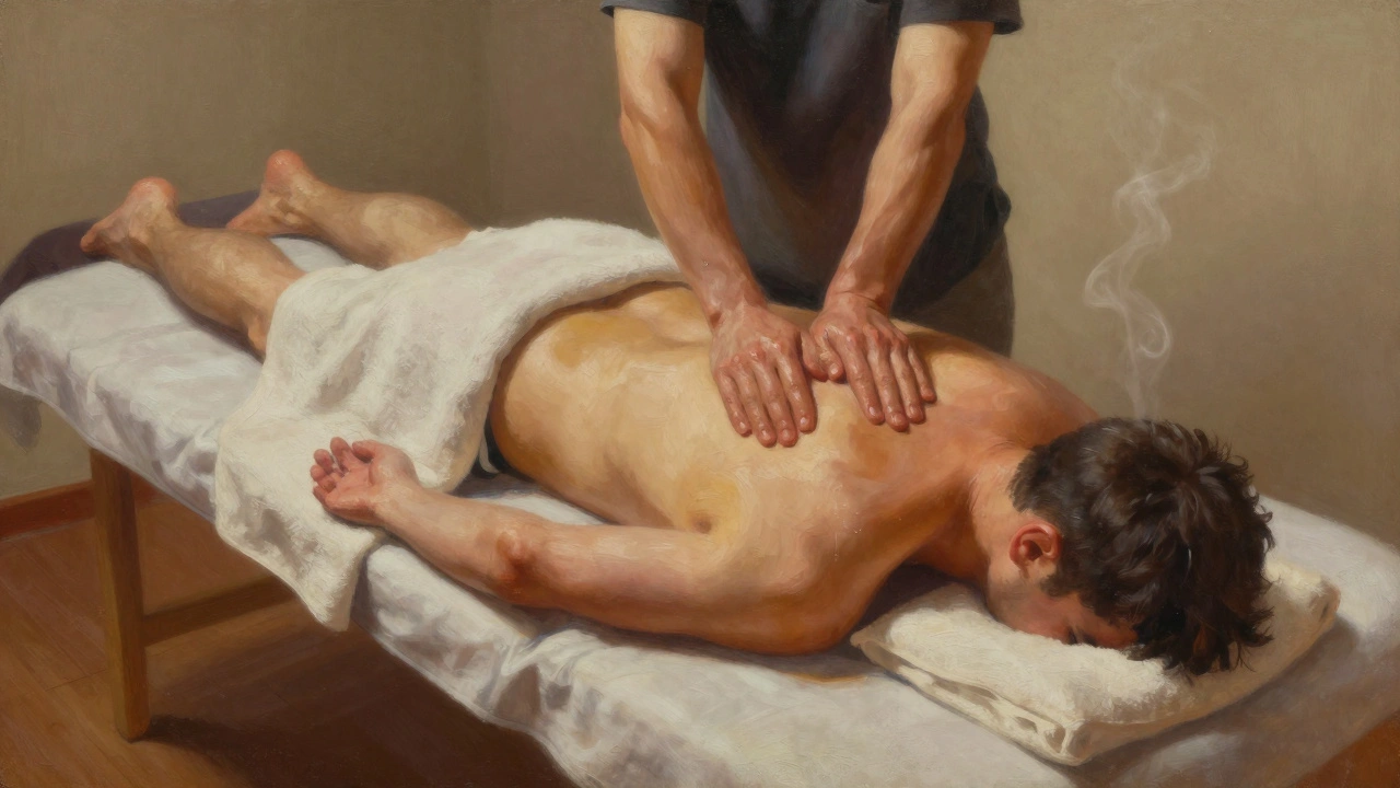 Therapist&#039;s hands applying deep pressure to a man&#039;s back in a quiet, dimly lit massage room.