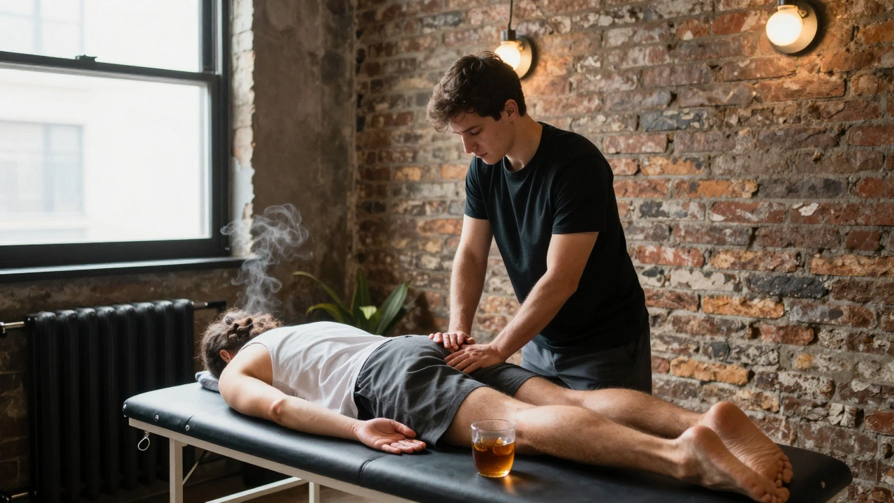 Therapist performing Thai massage on a client in a raw, urban Shoreditch clinic with natural light.