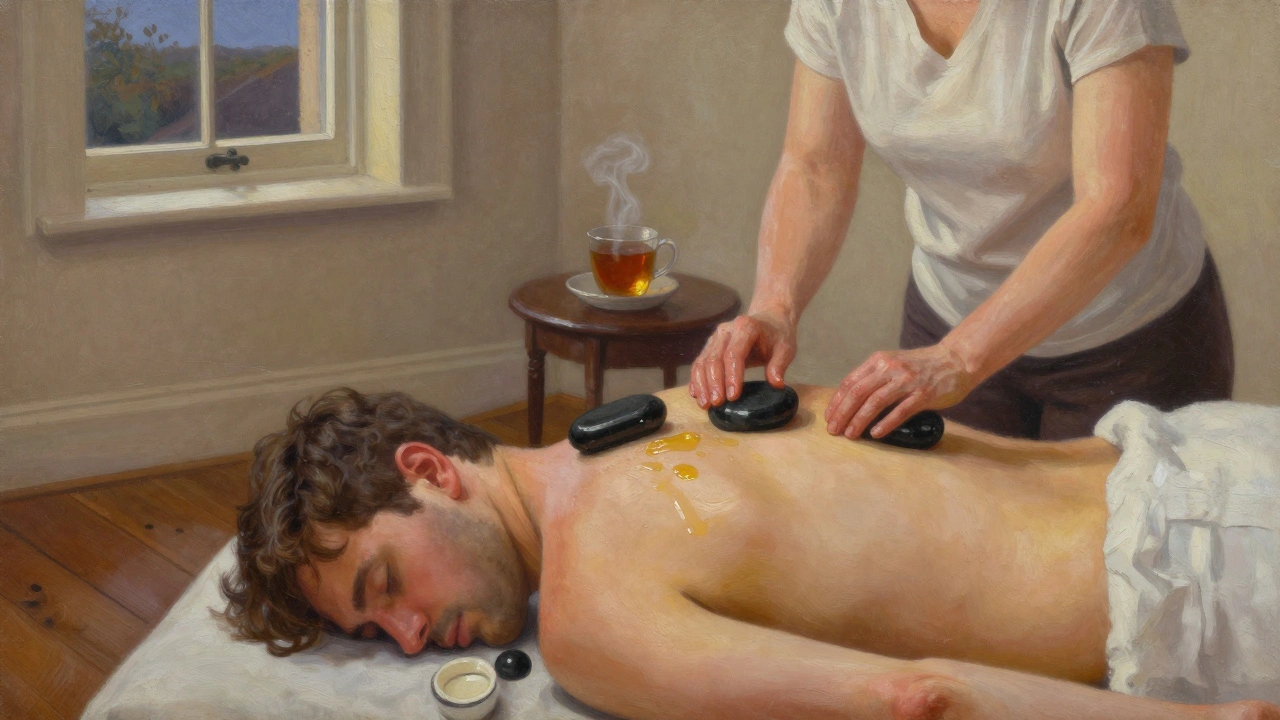 Therapist using heated stones on a client&#039;s back in a serene Notting Hill studio, tea steaming nearby, soft twilight through the window.