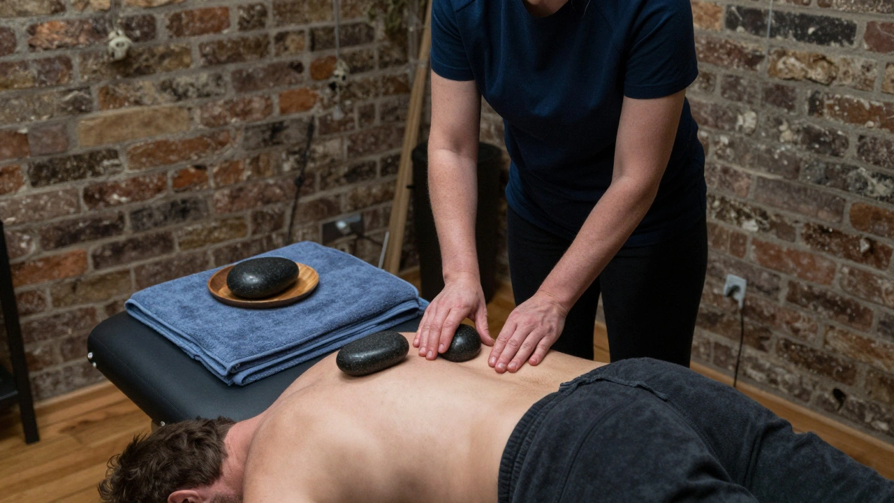 Therapist using hot stones on a man’s back in a simple, no-frills UK therapy room with wooden floors and exposed brick.
