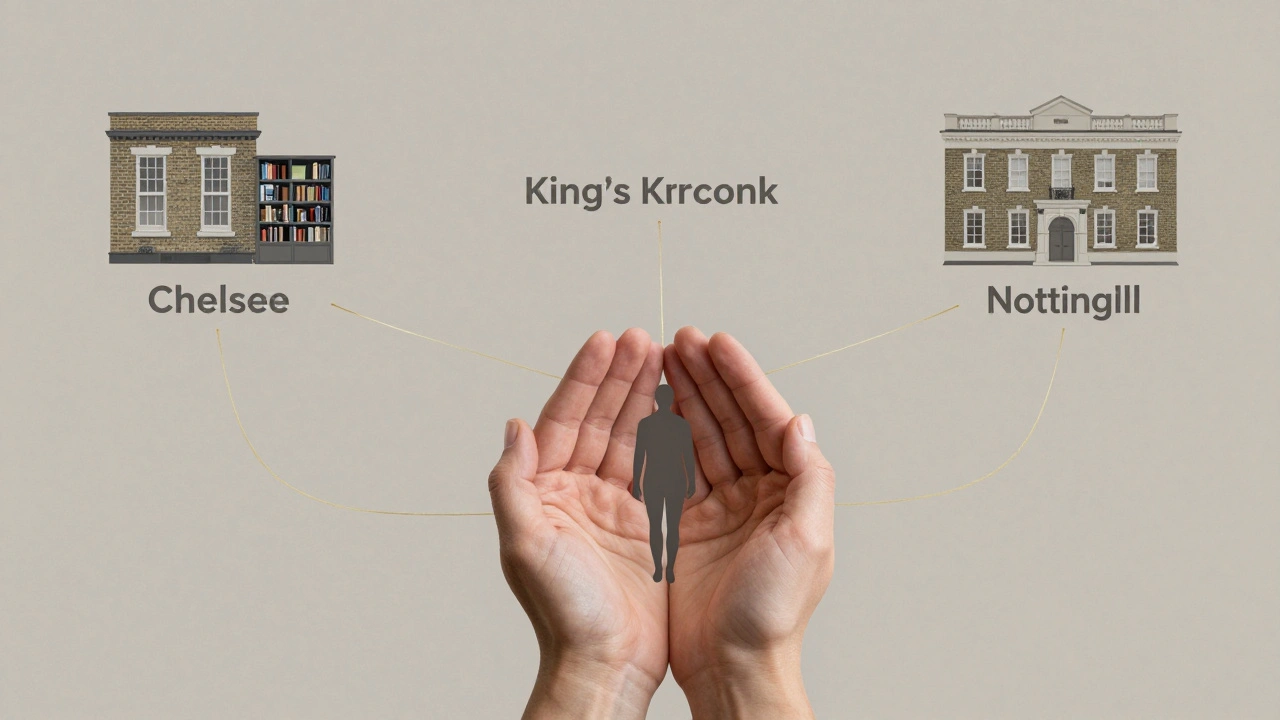 Three London locations linked by golden threads to hands cradling a human form, symbolizing discreet therapeutic touch.