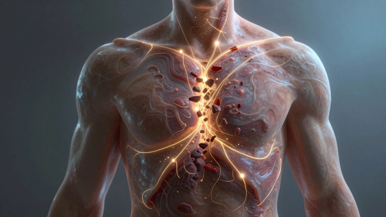 Translucent human torso with golden threads breaking apart deep tissue scar tissue into light.
