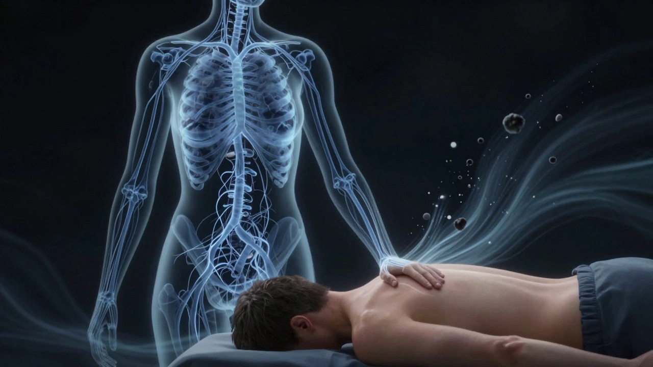 Translucent lymphatic system glowing blue as toxins are cleared from the body