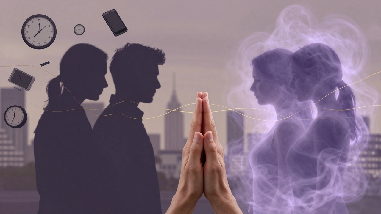 Two silhouettes transform from tense and isolated to connected and glowing, with lavender smoke and golden threads symbolizing healing and unity.