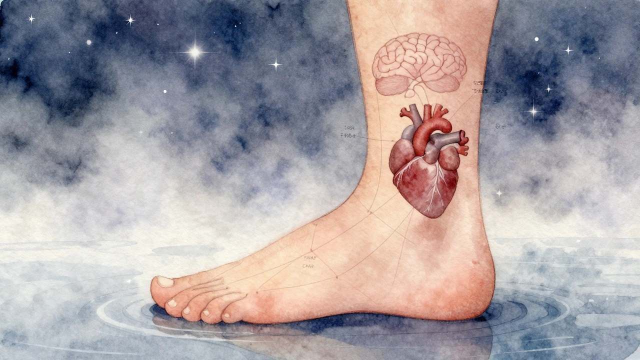 A foot illustrated as a map of the body, with connections to organs and emotions, rendered in soft watercolor.