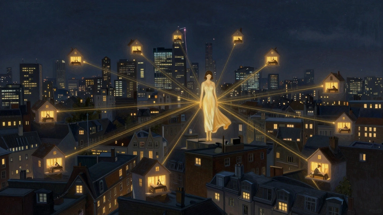 A glowing golden network connects London apartments to a central figure, symbolizing healing touch in an isolated city.