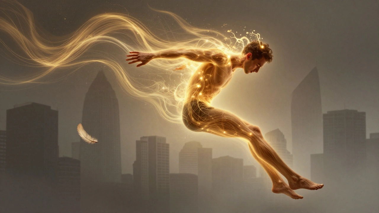 A man's body dissolves into golden energy as tension releases from head to toe, symbolizing deep emotional and physical reset.