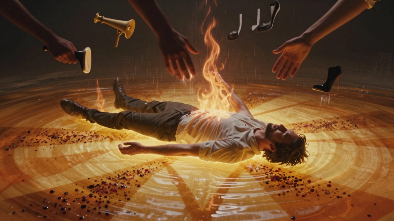 A man dissolves into glowing oil and shadow hands, symbolizing emotional release and physical surrender.