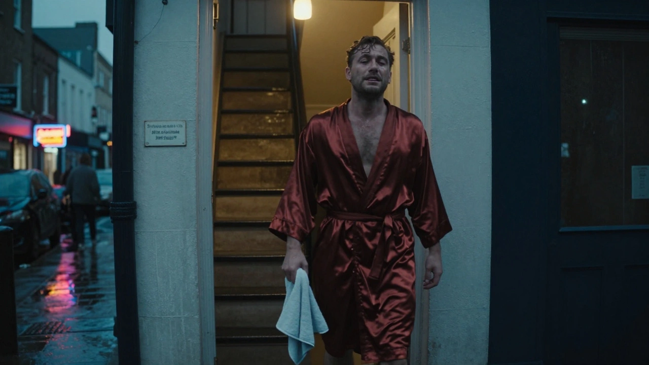 A man exiting a modest London flat after a massage, looking peacefully released in the dusky evening light.