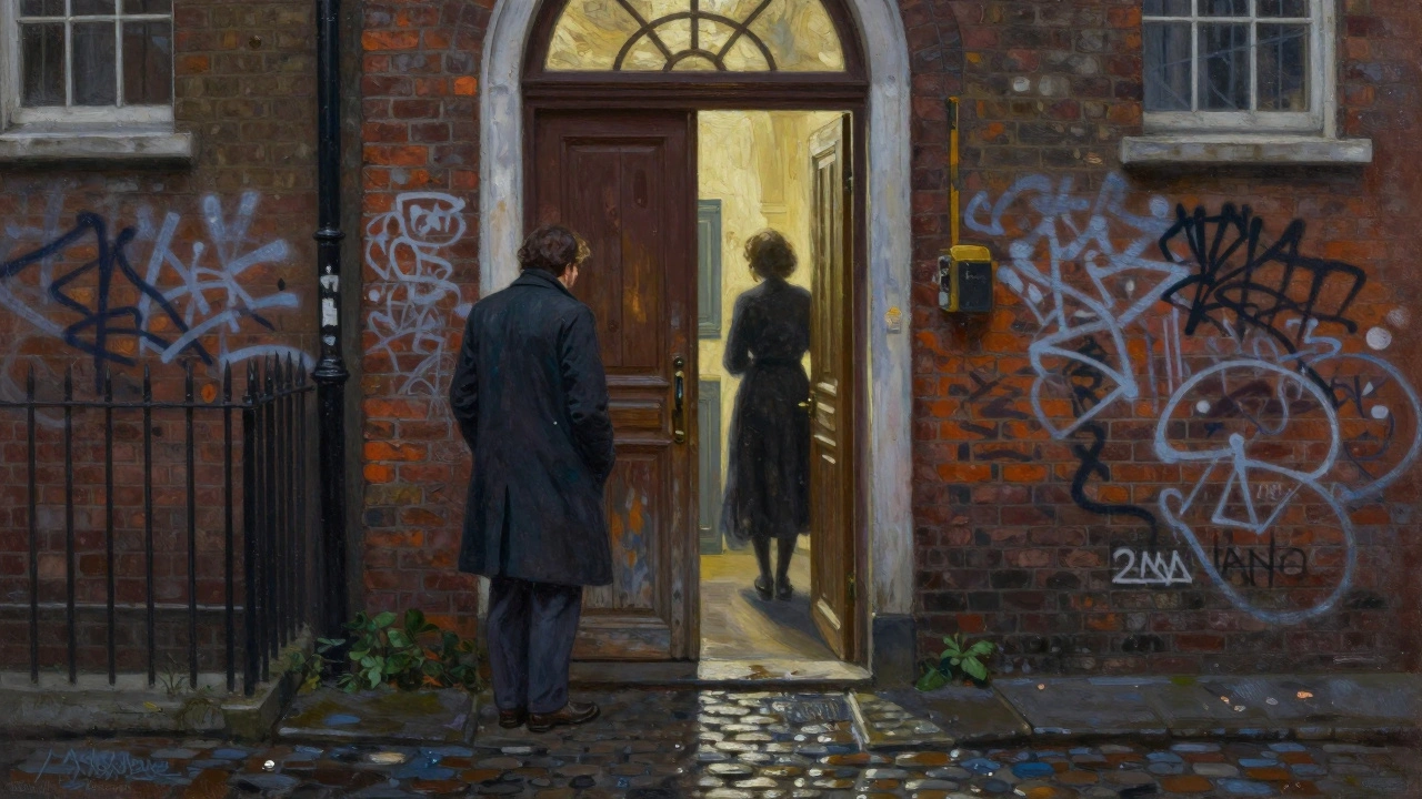 A man pauses at a weathered door in a rainy East London alley, faint glow inside, shadows of a therapist waiting.