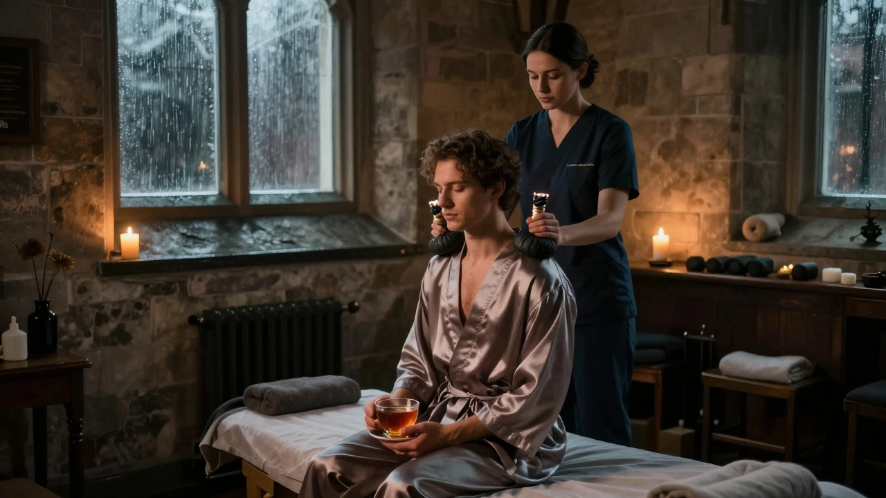 A man sits quietly in a stone-walled church-turned-spa, holding tea as heated dragon stones rest along his spine, rain falling outside the windows.