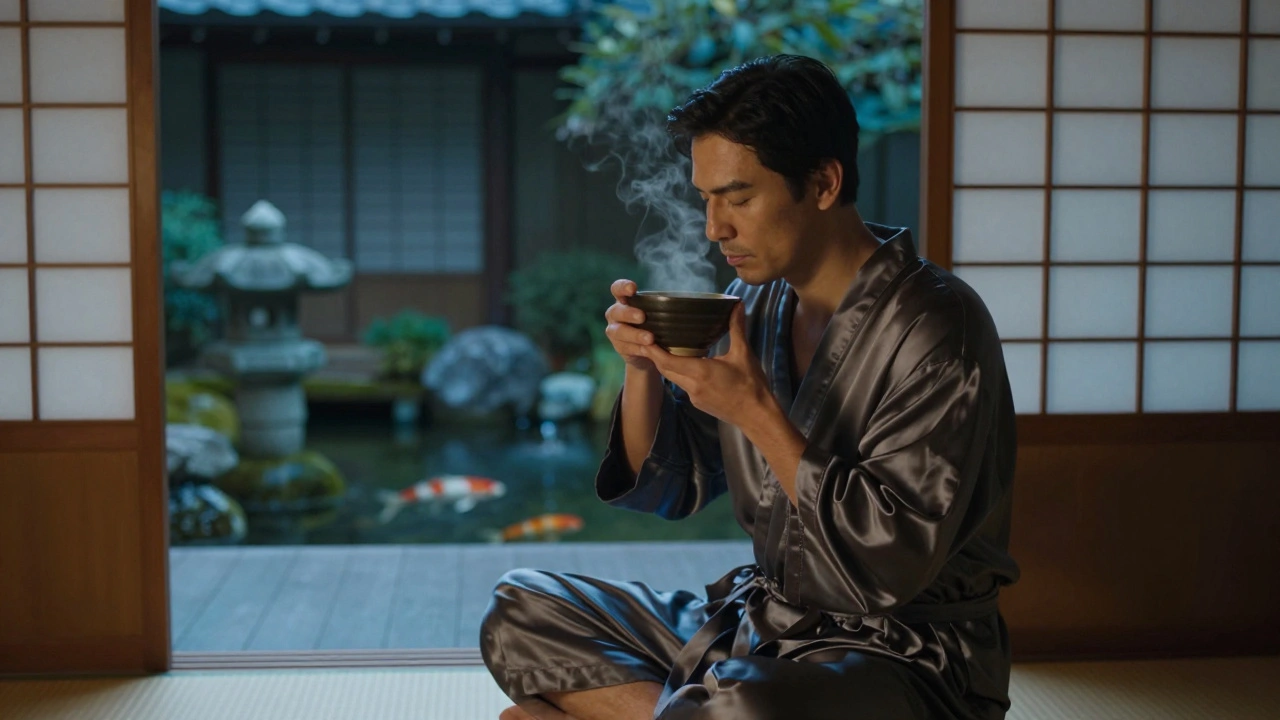 A man sits wrapped in a silk robe, drinking matcha in peaceful stillness after a therapeutic massage.
