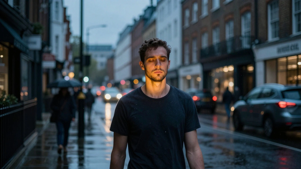 A man walking calmly through a rainy London street after a head massage, radiating peace amid the bustling city.
