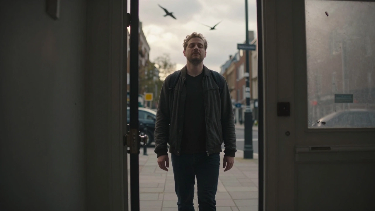 A man walking out of a massage session, shoulders relaxed, sunlight breaking through, city feeling quieter behind him.